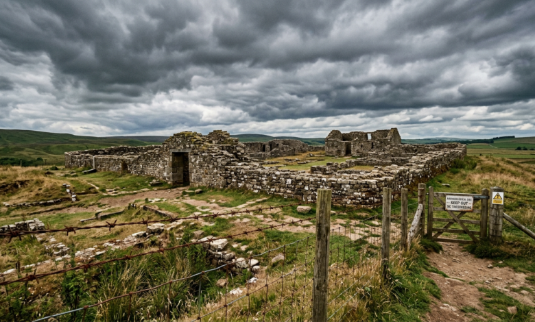 Stone fortress ruins surrounded by grassy landscape with a wooden gate and warning signs