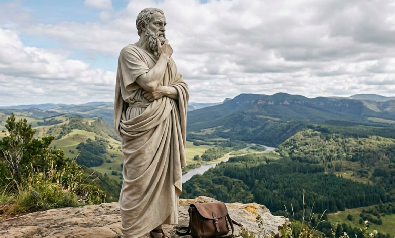 Statue of ancient philosopher standing on hilltop with leather bag, overlooking river and mountains